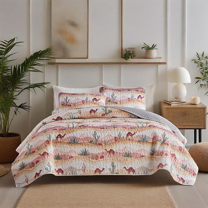 Quilts for King Bedding Set Orange Bedspreads - Soft Lightweight Breathable Bedspread Comforter - Boho Desert Cactus Camel Coverlet for All Season - 3 Pieces (New-Camel Cactus, King)