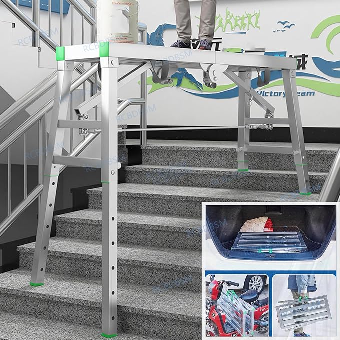 Adjustable Work Platform with 400 kg Duty Rating, Portable Multipurpose Folding Scaffolding Work Platform Scaffold Tower Ladder Stool Ben Adjustable Height, Carbon Steel Structure,140cm/4.5f