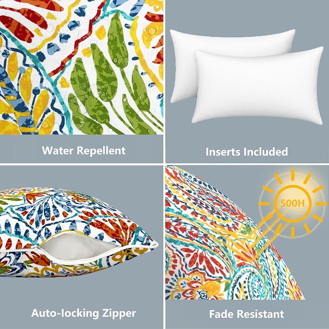 LVTXIII Set of 2 Outdoor Lumbar Pillows for Patio Furniture with White Piping, 12"x20" Fade Resistant Patio Lumbar Pillows with Inserts for Home Coach Sofa Use, Paisley Multi