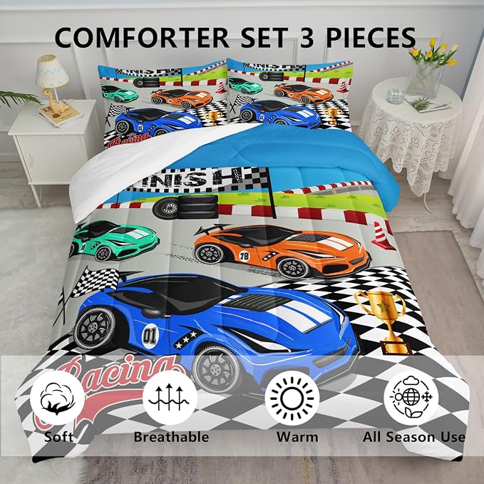 Axolotl Racing Car Bedding Set King,Cool Speed Race Car Comforter for Kids Boys Girls Teens,Racing Cars Quilt Set,Extreme Sport Theme with Three Cars Arrive at Finish,1 Comforter and 2 Pillowcases
