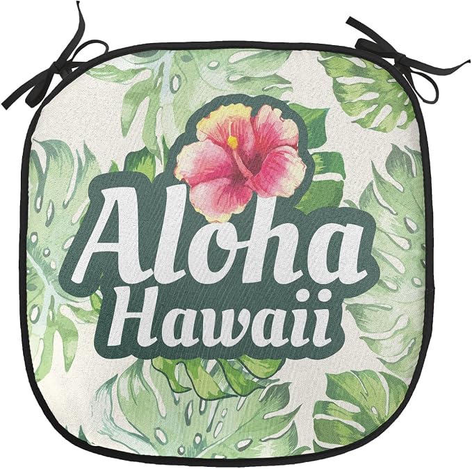 Lunarable Hawaiian Chair Cushion Pads Set of 6, Monstera Leaves Tropic Plants Leaves Humid Weather Summer Travel Destination, Anti-Slip Seat Padding for Kitchen & Patio, 16"x16", Green Pink Cream