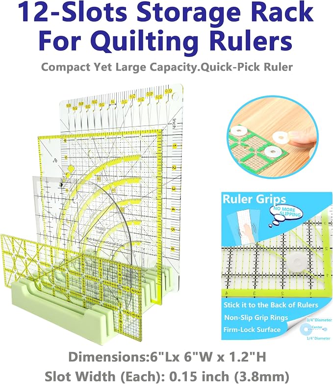 Quilting Kit with Quilting Ruler Holder, Rotary Cutter, Curved Corner Cutter Quilting Ruler, Slotted Quilting Ruler, Arcs Fans Quilt Circle Cutter Ruler, Non Slip Ruler Grip Rings, Heat Erasable Pens