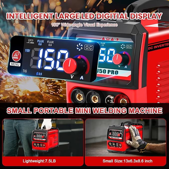 GNI Multiprocess Welder, MIG/TIG/Stick Welding Machine, IGBT Inverter Portable MINI Welder Machine 110V, Beginner-Friendly MIG Welder with Auto-Darkening Goggles, 150A Flux Core Welder for Home DIY
