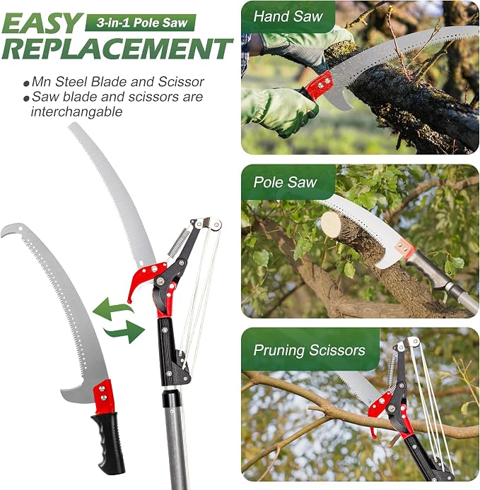 Walensee Pole Saws for Tree Trimming, Extendable Tree Pruner,Manual Branch Timmer with Blade and Scissors High Branches Pruning Fiberglass Pole Pruner and Cutter Garden Tool with Storage Bag 7.2-27FT