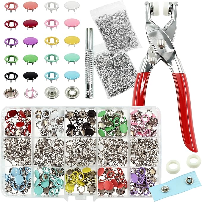 240 Sets Snaps Buttons Fastener kit Hollow Steel Prong Snaps Buttons with Pliers Press Tool for DIY Crafts Clothes Hats Bags Sewing (Hollow & Solid)
