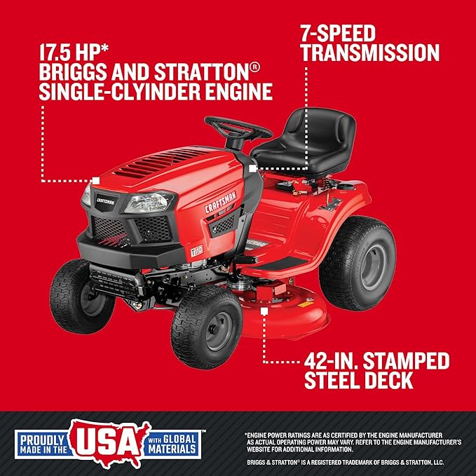 CRAFTSMAN 42" Gas Riding Lawn Mower with 17.5 HP* Briggs and Stratton Single-Cylinder Engine, Gas Lawn Tractor with 7-Speed Transmission, Red/Black (13AN77XSA93)