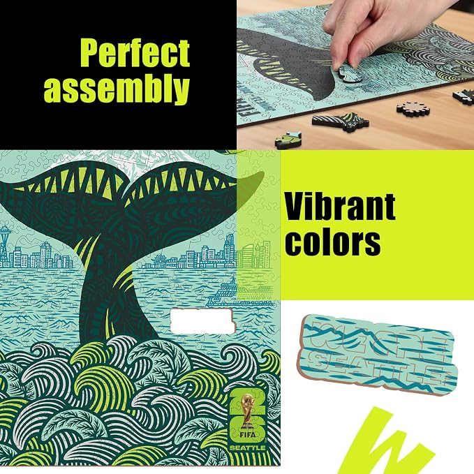 FIFA World Cup 2026 Seattle City Poster Wooden Puzzle for Adults, 200 Piece Unique Shape Jigsaw Puzzle, 5MM Thick, Officially Licensed Soccer Fan Collectible Gift, 9.3x11.8''