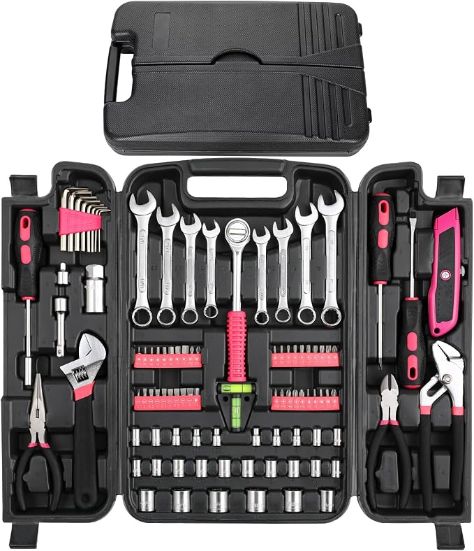 TLGREEN 95-Piece Home Tool Set with Storage Case, Pink | Wrench, Pliers, Sockets And Bits in One Case; Household Maintenance, Apartment Projects And DIY Repairs
