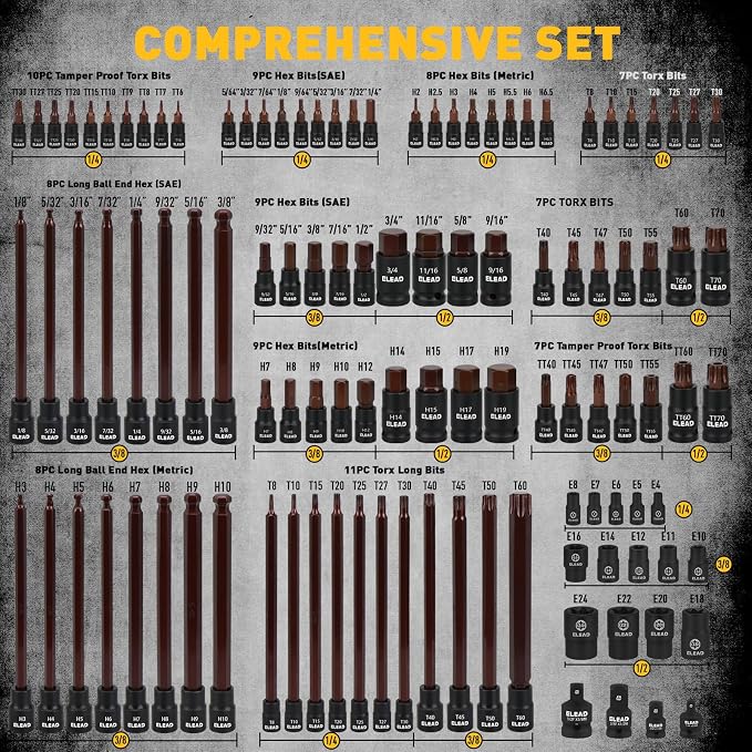 112-Piece Torx and Allen Bit Socket Set, 1/4", 3/8",1/2" Drive Bit Socket Set with Ratchet Wrench, Adapters, Extra Long & Tamper Proof torx/Hex/Ball End Hex/E-torx, SAE & Metric