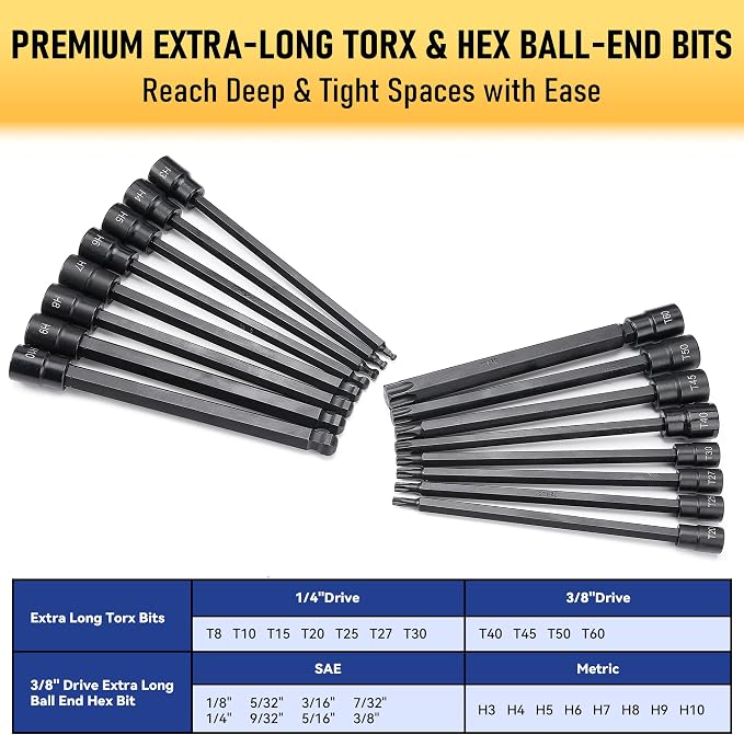 107-Piece Master Torx & Allen Bit Socket Set, 1/4" 3/8" 1/2" Drive,S2 Steel, Long Torx, Ball End Hex, Tamper-Resistant Star, E-Star Sockets, SAE & Metric (Phosphate-Black Set)