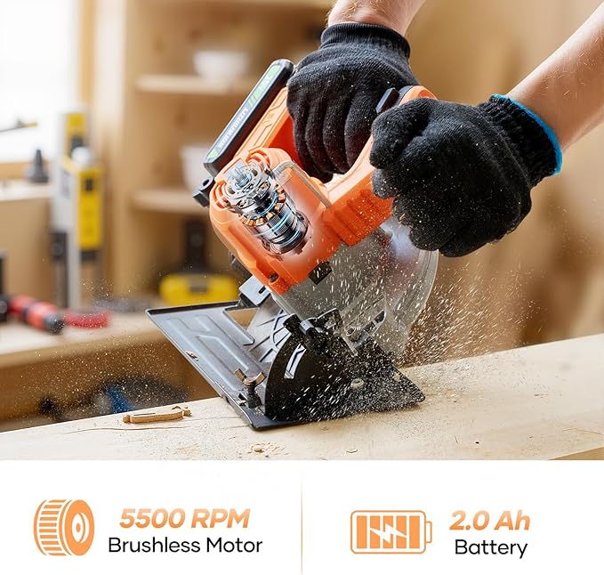 20V 6-1/2-inch Cordless Circular Saw, 2.0Ah Battery Powered: Brushless Motor, 45° Bevel Capacity, Max Cutting Depth 2-1/4-inch (90°), 1-1/2-inch (45°), Electric Circular Saw for Wood, Plastic Cutting