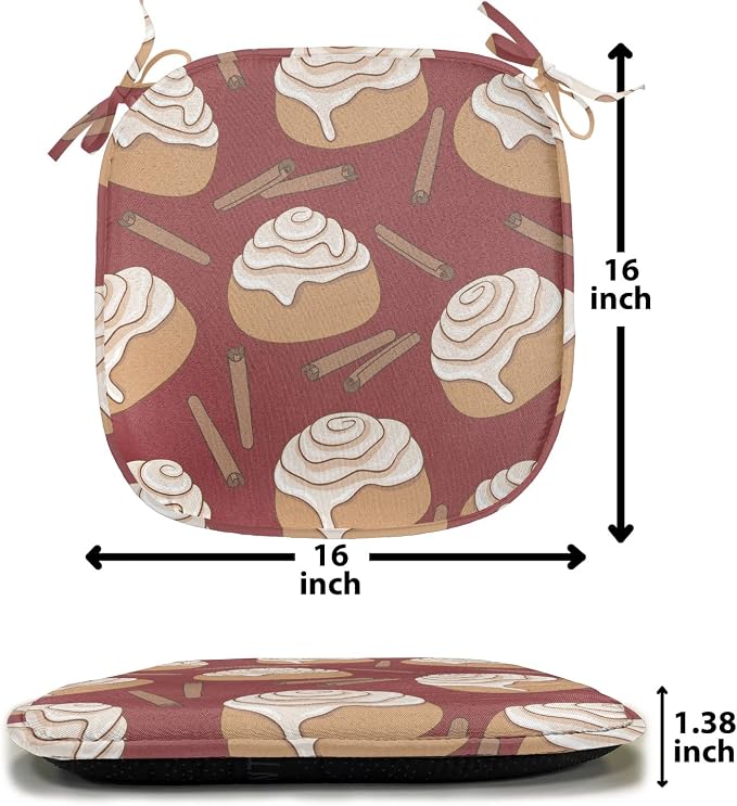 Lunarable Cinnamon Chair Seating Cushion Set of 4, Digitally Generated Delicious Cinnamon Rolls Dessert Patisserie Themed, Anti-Slip Seat Padding for Kitchen & Patio, 16"x16", Pale Maroon and Cocoa