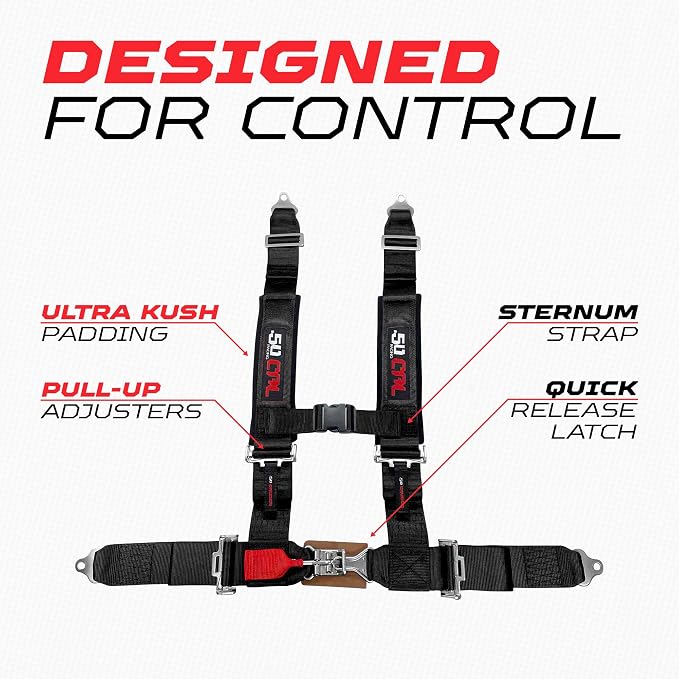 1pc 50 Cal Black 4 Point Harness 3 inch straps, Racing Harness Seat Belt | Ultra Kush padding, Push Button quick release hardware. Universal Fit for UTV, RZR, race car