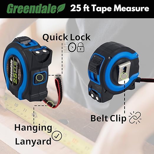 Greendale – 6 Pack Tape Measures 25 ft – Easy-Read Fractions, Magnetic Tip, Quick-Lock & Auto-Retract – Heavy-Duty Measuring Tape with Belt Clip – Blue