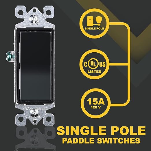 Faith [10-Pack] Single-Pole Decorator Paddle Wall Light Switch, 15A 120/277V, On/Off Rocker, Black, 10-Piece