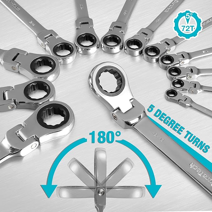 DURATECH Flex-Head Ratcheting Combination Wrench Set, SAE, 13-piece | 5/16" to 1/4", CR-V Steel, Rolling Pouch