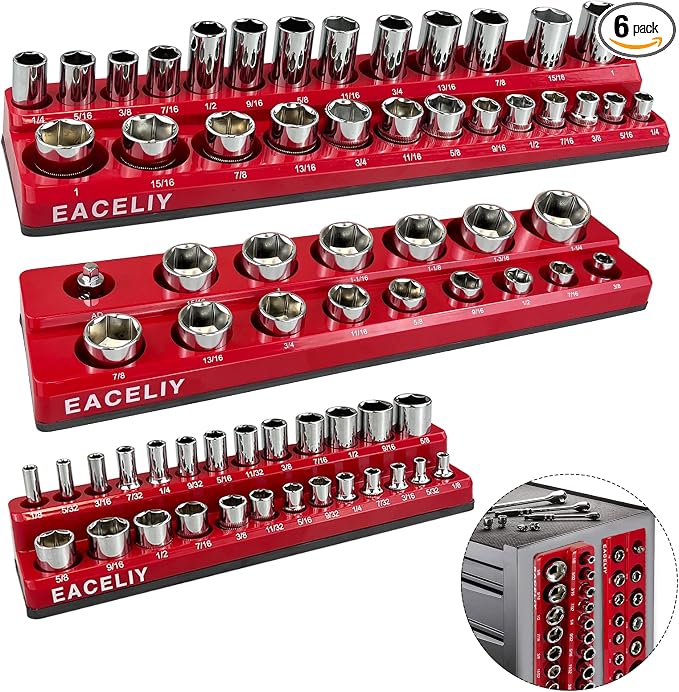 EACELIY Magnetic Socket Organizer Set,SAE Socket Holder Kit, Socket Trays，holds 68 Deep and Shallow 3/8" Sockets(sockets not included) 丨3PC 1/2",1/4" and 3/8"（Red）