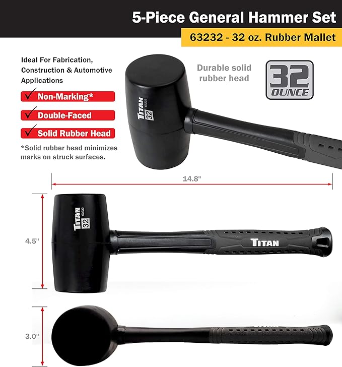 Titan 63125 5-Piece Hammer Set, Includes 16oz & 32oz Ball Pein, 32oz Rubber Mallet, 3lb Sledgehammer, & 3lb Cross Pein, Shock Absorbing Fiberglass Handles with Textured Grips