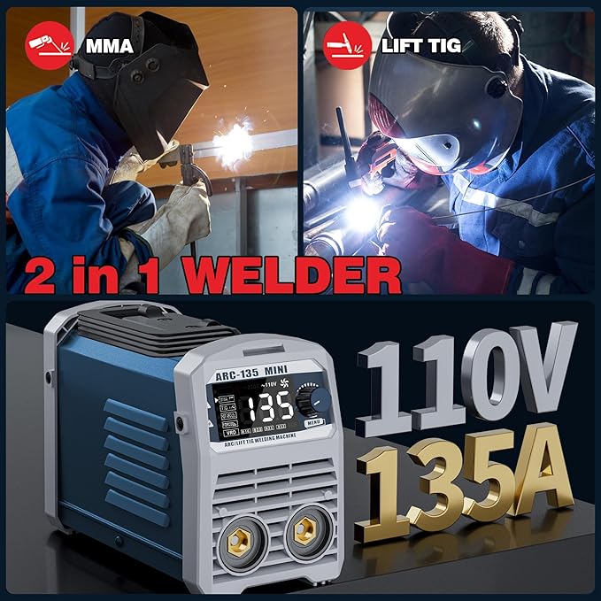 135A 110V Mini Stick Welder & Lift TIG 2-in-1 Portable Welding Machine – Large LED Display, IGBT Inverter, Hot Start/Arc Force/Anti-Stick, VRD Safe for Home DIY & Farm Repair