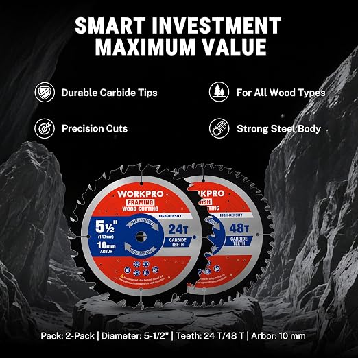 WORKPRO 5-1/2 Inch Woodworking Circular Saw Blades, 24T/48T Framing & Finish Combo, Thin Kerf, Carbide Tipped, ATB Tooth, 2-Pack