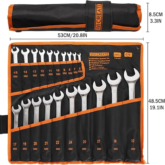 vivicreate 20-Piece Wrench Set, Metric Wrench Set 6mm-32mm, Combination Wrench Sets with Oxford Cloth Storage Bag for Home, Garage, Automotive Repair and Emergency Use - Made in India