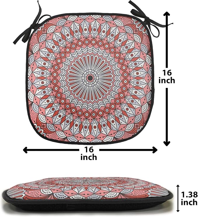 Lunarable Moroccan Chair Cushion Pad, Colorful Patterned Ornament Medieval Openwork Eastern, Seat Padding for Kitchen & Patio with Anti-Slip Backing, 16"x16", Coral Red Pale Grey