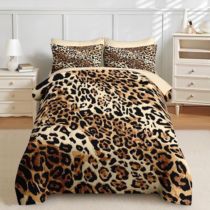 Nesker Comforter Set Twin Size, Leopard Print Cheetah Wild 5 Pcs Bedding for Kids and Adults, Animal Safari Skin Pattern Bed Sheet Sets with Fitted Sheet Pillowcase & Sham