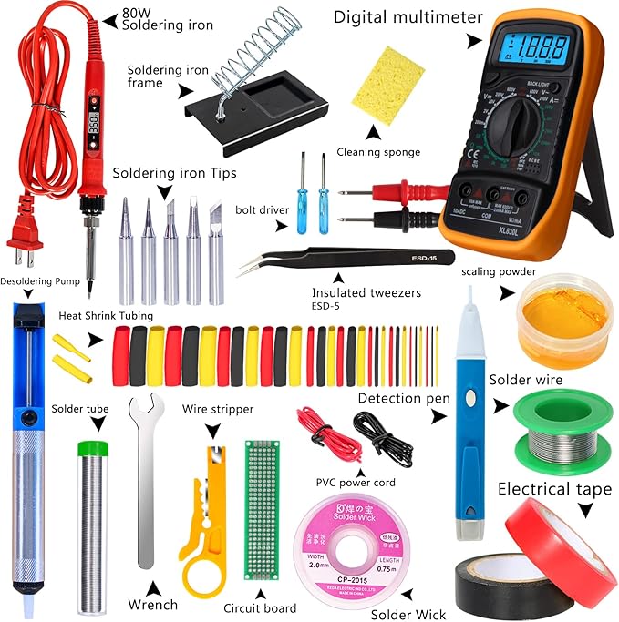 Electronics Soldering Iron Kit, 80W LCD Digital Soldering Gun with Adjustable Temperature Controlled and Fast Heating Ceramic Thermostatic Design, 24pcs Solder Kit Welding Tool