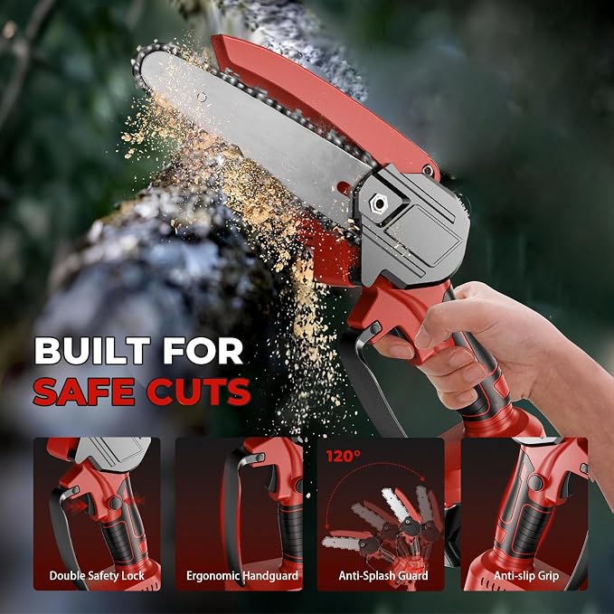 2-in-1 Cordless Pole Saw & Mini Chainsaw, 6-Inch | Battery Powered Tree Trimmer, 4.4ft Extension Pole, 2 Batteries, Safe High Branch Pruning, For Homeowners