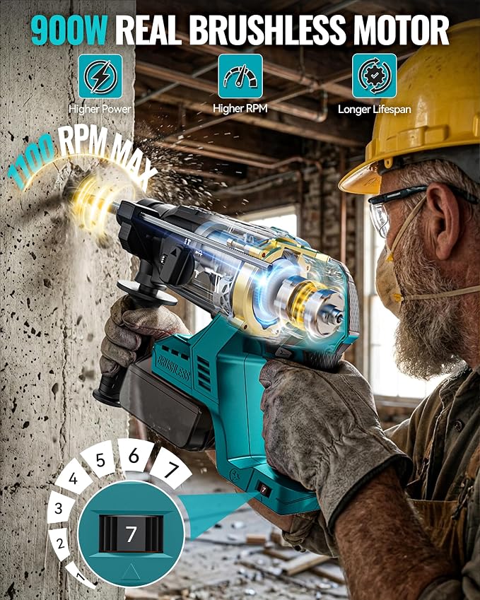 MtiolHig 1" SDS-Plus Cordless Rotary Hammer Drill Compatible with M-akita 18V Battery, 3J Impact Energy Brushless Motor, 7-Speed Variable 4-Mode with 5 Chisel/Bit Set for Concrete/Masonry, Tool Only