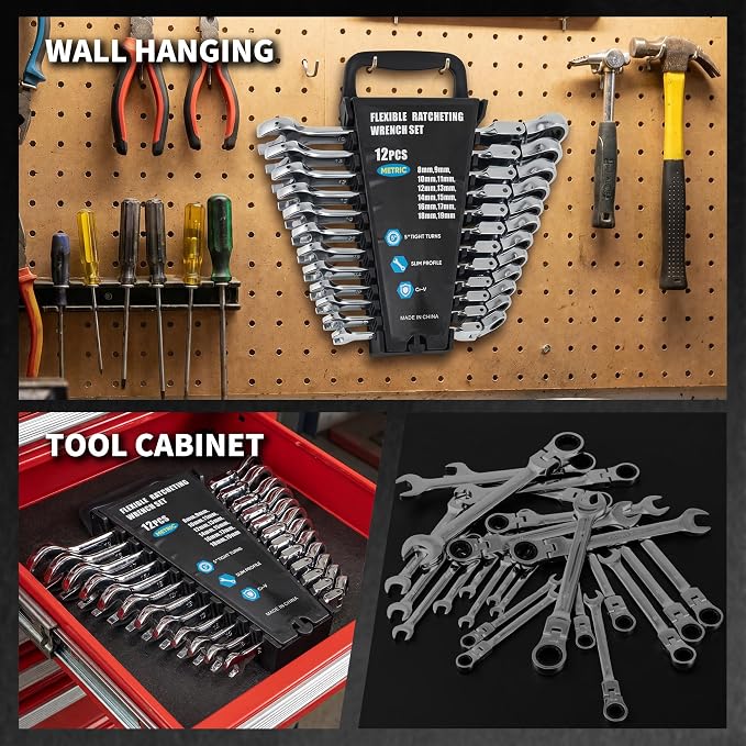 Garvee 12 Piece Metric Ratcheting Wrench Set Combination Ratcheting Wrench | 72-Tooth 5° Swing Arc CR-V Steel, Metric 8-19 mm Complete Coverage for Automotive Repair, Mechanical Maintenance DIY Project
