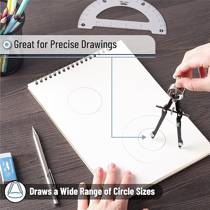 Mr. Pen- Professional Compass for Geometry, Extra Lead, Metal Compass Drawing Tool for Students, Drafting and Engineering, Technical Drawings, Circles and Geometry Projects