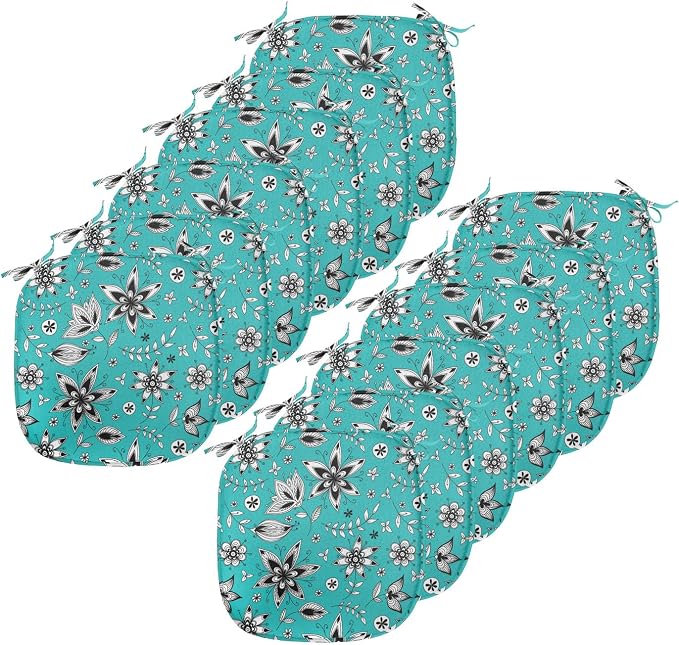 Lunarable Flower Chair Seating Cushion Set of 12, Abstract Monochrome Floral with Botanical Items, Anti-Slip Seat Padding for Kitchen & Patio, 16"x16", Seafoam Grey