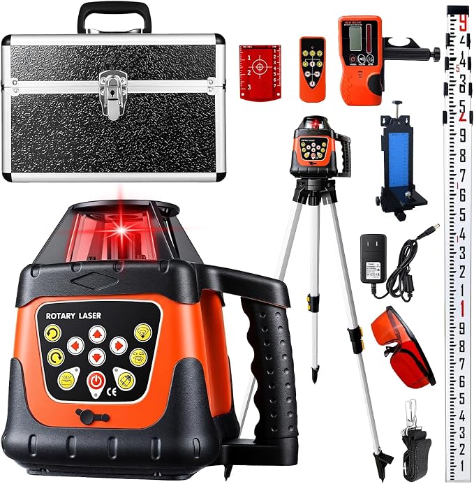 Red Rotary Laser Level 2000ft, 360 Degree Self Leveling Laser Level Kit with Receiver Remote Control and Surveying Tripod 16.4ft Staff, 5 Rotation Speeds& 4 Angles Adjustment,IP66 Waterproof