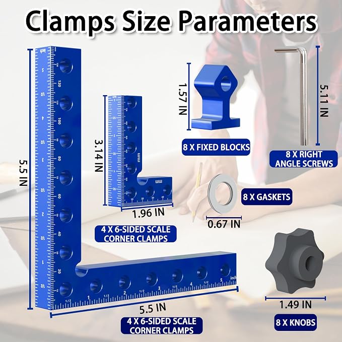 Corner Clamps for Woodworking, 8 Pcs 5.5"& 3.14" 90 Degree Aluminum Alloy Right Angle Clamp, Dual Scale Positioning Squares With Storage Box for Cabinets, Picture Frames, Drawers, For Man.(Blue).