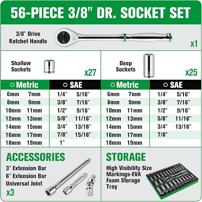 SK 3/8" Drive Socket Set with 90-Tooth Ratchet, SAE & Metric, CR-V Steel | 56-Piece Sockets, SuperKrome Finish, Heat Treated, with EVA Foam Tool Organizer