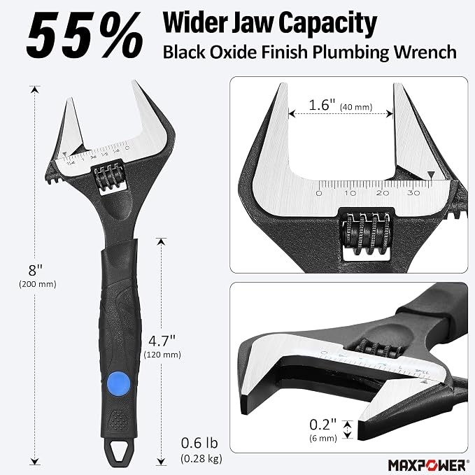 MAXPOWER 8-inch Wide Jaw Adjustable Wrench, 1.6" Jaw Opening, Soft Grips | Stubby Plumbing Wrench, Cr-V Steel, Smooth Jaws