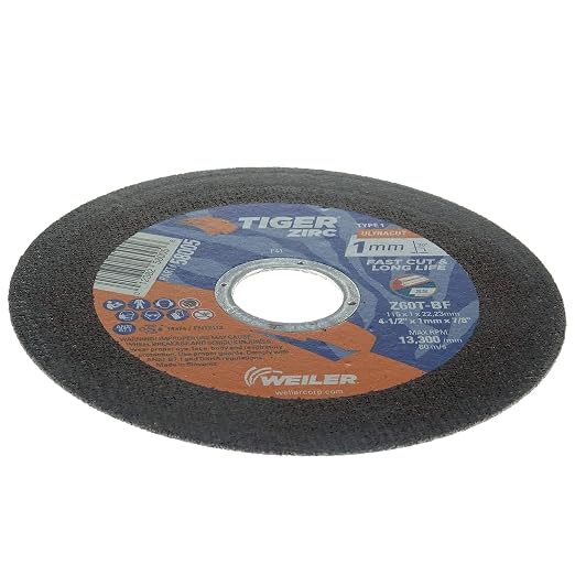Weiler 58005 4-1/2 Inch Cutting Wheel, Tiger Zirc Steel/Metal Ultracut 1 mm Fast Cut & Long Life High Performance Thin Cutting, 1mm Z60T Type 1 7/8" Arbor, Pack of 50