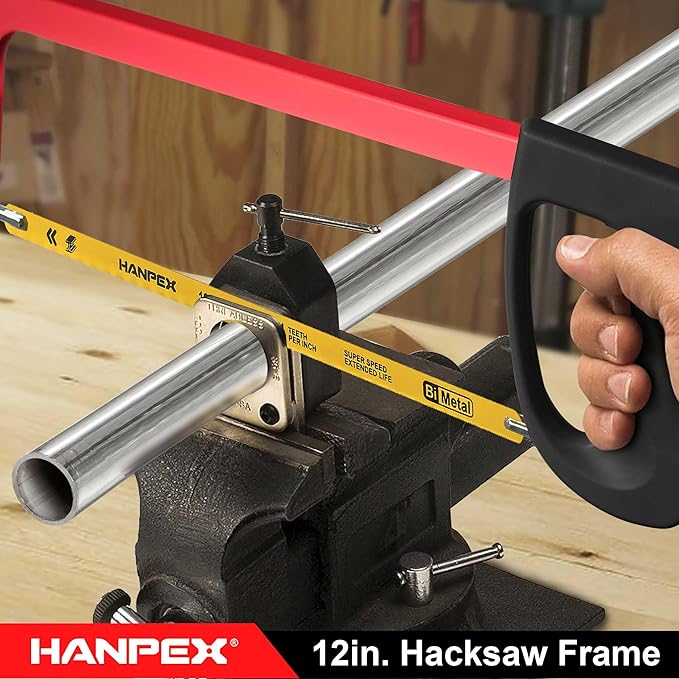 Hanpex 12in. High-Tension Hacksaw Frame with 24 TPI Bi-metal Blade, Hand Saw Suitable for Metal, wood, PVC, Carpentry（Black Handle）