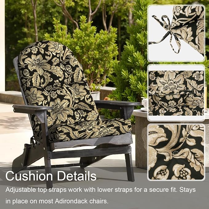 LVTXIII 2 Pack Outdoor Adirondack Chair Cushions, 44x19x4 Inch Water Repellent Patio Cushions for Rocking Chairs, Thick Tufted High Back Seat Cushion Set, Jacobean Black