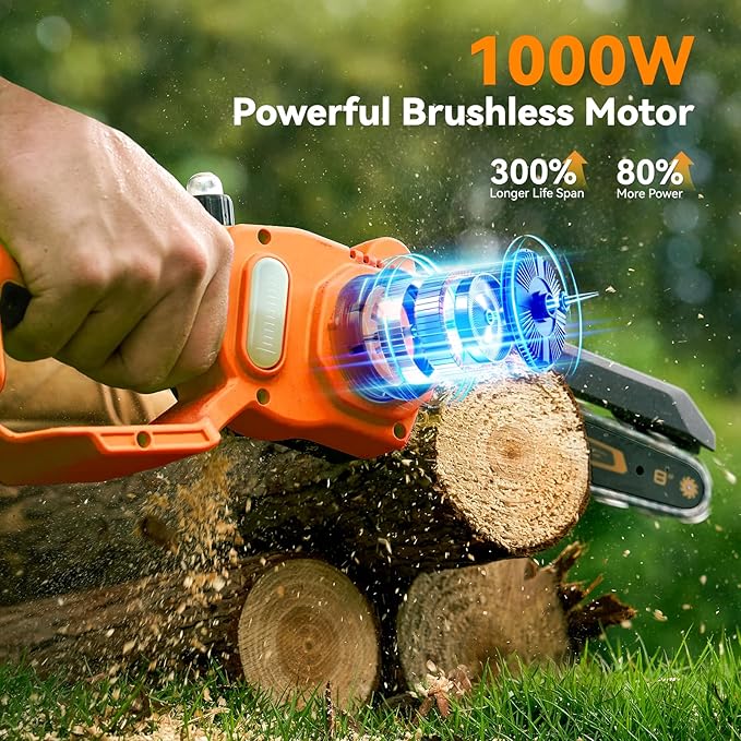 Mini Chainsaw Cordless, 8 Inch & 6 Inch Electric Chainsaw Battery Powered, 1000W Brushless Handheld Power Chain Saw with 2 Batteries, Small Tree Saw for Branch Trimming Wood Cutting