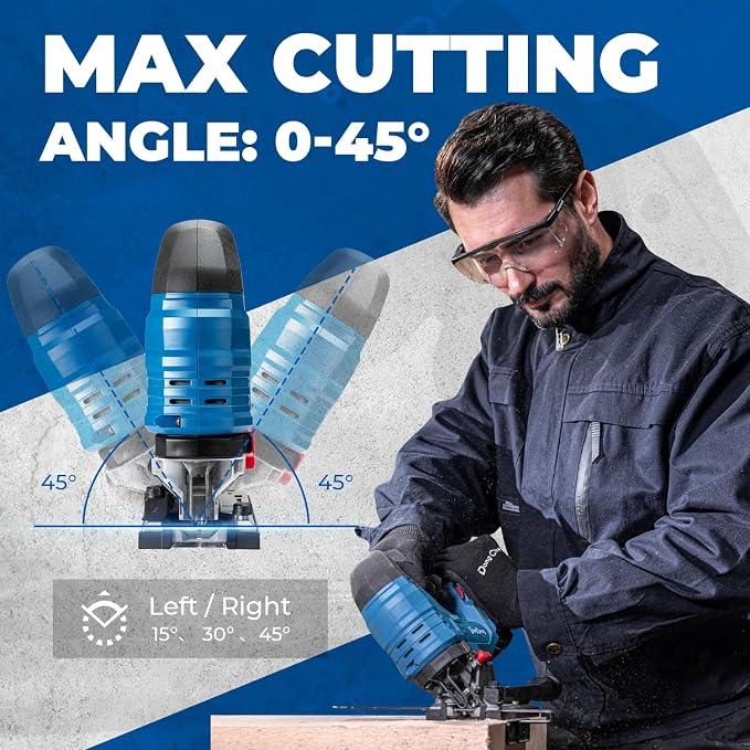 DongCheng 20V Brushless Jigsaw, 800-3500 SPM, 26mm Stroke, 0-45° Bevel | 4Ah Battery & Fast Charger | 6 Blades Kit, Guide Rail, Tool Bag Included for Wood, Metal Cutting