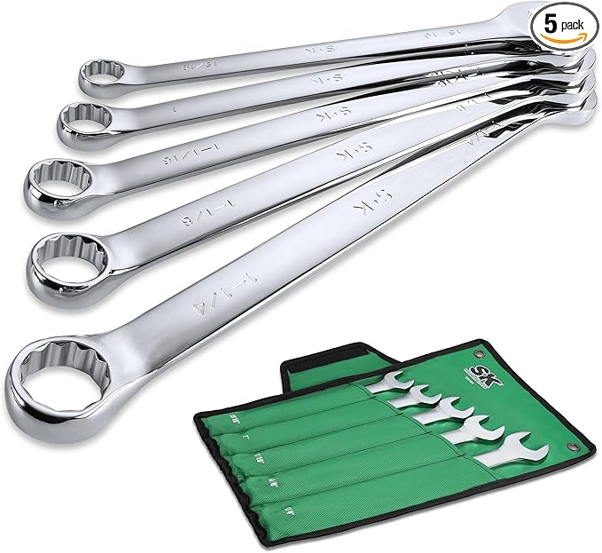 SK Long Pattern Combination Wrench Set, SAE 15/16" to 1-1/4", 5-Piece | SuperKrome Finish, Drop Forged Premium CR-V Steel, 12-Point Large Wrenches, 15-Degree Offset, with Rolling Pouch