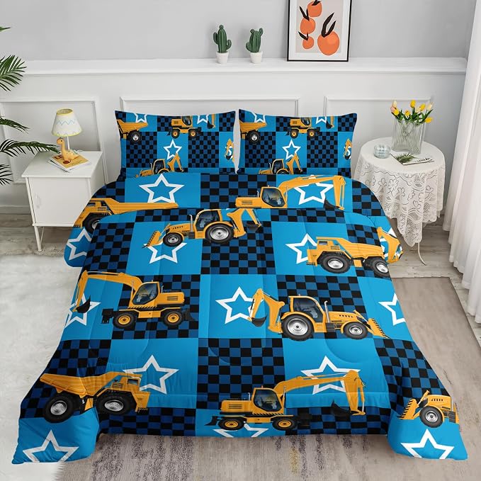 Axolotl Excavator Comforter Set King Size,Blue Plaid Comforter with Star,Cartoon Excavator Bedding for Kids Boys Teens,3 Piece Construction Vehicle Bed Set for Boys,1 Quilt 2 Pillowcases