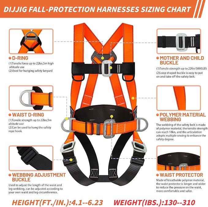 DIJJIG Full Body Safety Harness Kit OSHA/ANSI Compliant for Roofing | Includes internal shock-absorbing lanyard, orange harness for construction, durable and ready for fall protection