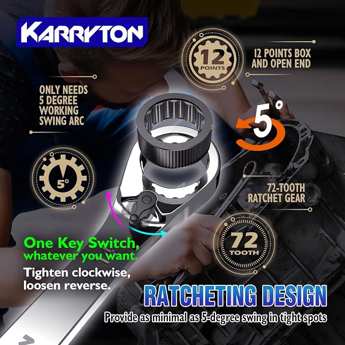 16-piece Reversible Ratcheting Wrench Set Metric 8-25mm, 72 Teeth Ratchet Combination Wrenches Set with Rolling Bag, Cr-V Steel, Chrome Plating Handle with Blackened Ratchet
