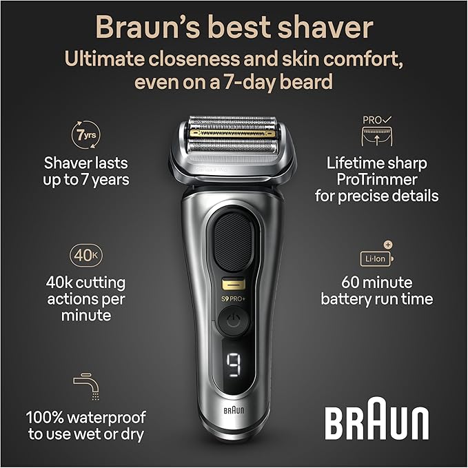 Braun Series 9 PRO+ Electric Razor for Men, 5 Pro Shave Elements & Precision Long Hair Trimmer, 6in1 SmartCare Center, Wet & Dry Electric Shaver for Smooth Skin with 60min Battery Runtime, 9517s