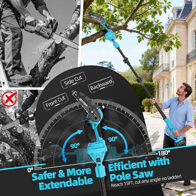 3-in-1 Electric Pole Saws for Tree Trimming, 8 Inch & 6 Inch Mini Chainsaw Cordless with 2x4.0 Ah Battery, Battery Powered Pole Chain Saw, 16 Ft Reach, Telescopic Chainsaw Tree Trimmer Branch Cutter