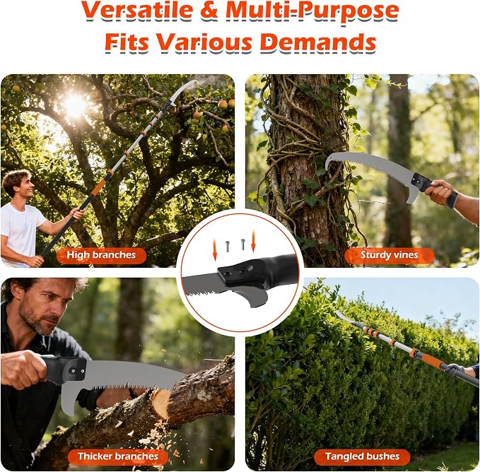 26FT Manual Pole Saw for Tree Trimming, 5-20FT Telescoping Extension Pole with Flip-Lock & Screw Dual Locking, 19" 3X Detachable Pruning Saw Head, Yard Maintenance Pruner for Garden Palms Shrubs
