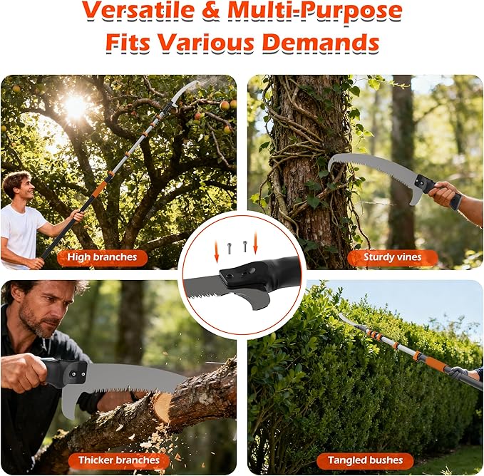 30FT Manual Pole Saw for Tree Trimming, 5-24FT Telescoping Extension Pole with Flip-Lock & Screw Dual Locking, 19" 3X Detachable Pruning Saw Head, Yard Maintenance Pruner for Garden Palms Shrubs